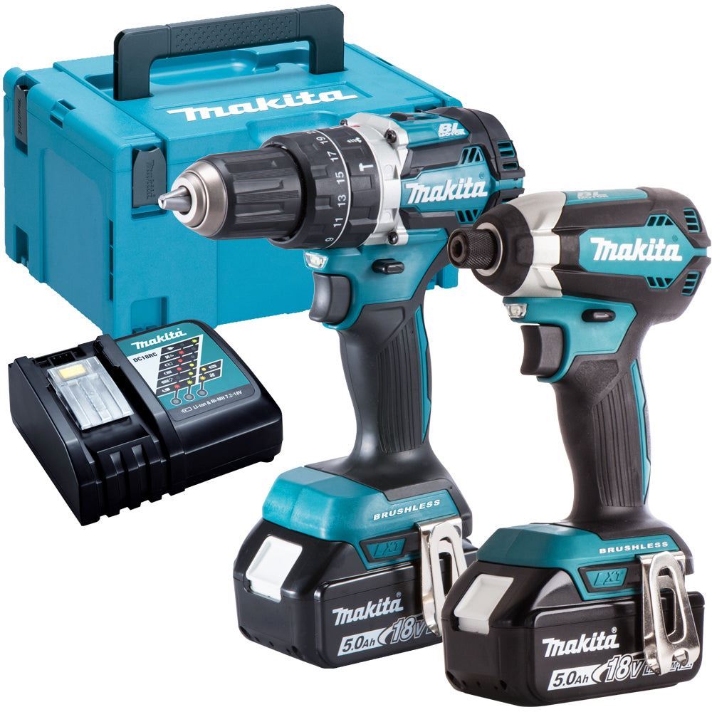 Makita DLX2180TJ 18V LXT Brushless Combi Drill + Impact Driver Twin Kit With 2 x 5.0Ah Batteries, Charger In Case