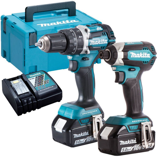 Makita DLX2180TJ 18V LXT Brushless Combi Drill + Impact Driver Twin Kit With 2 x 5.0Ah Batteries, Charger In Case